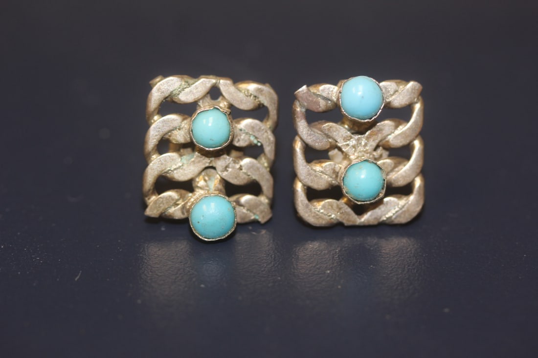 Pair of Sterling and Turquoise Earrings: origin unknown, but nicely done