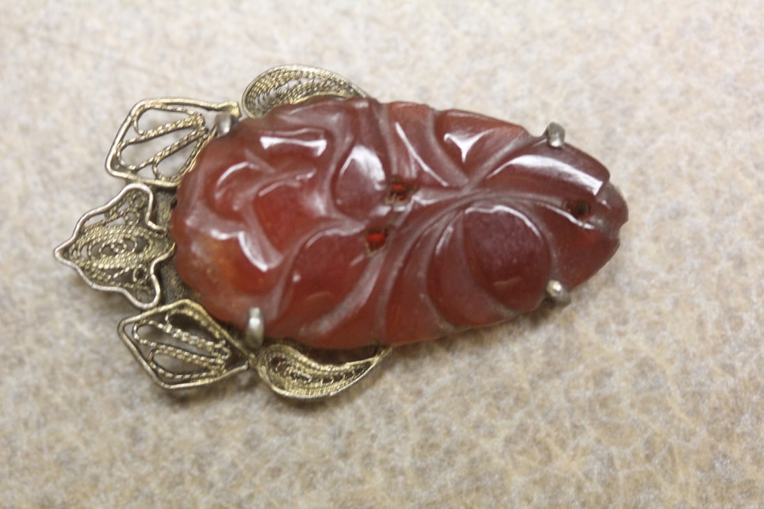 Sterling and Carnillian Jade Clip: carved on both sides