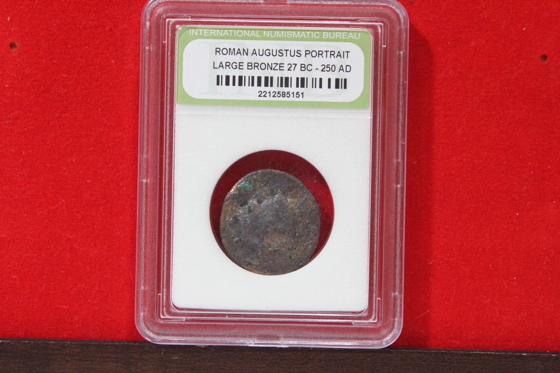 A Slabbed Large Bronze Roman Coin: Augustus portrait - 27 B.C. - 250 A.D.
