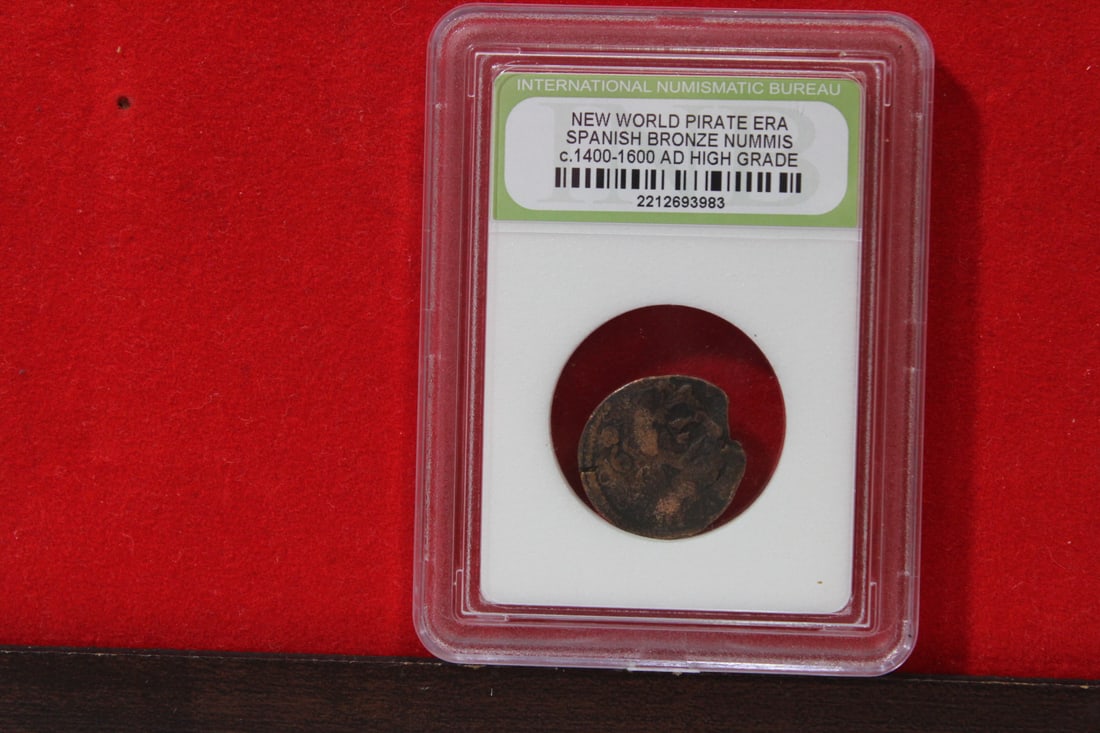 A Slabbed Spanish Bronze Nummis: High Grade - New World Pirate Era - c. 1400-1600 A.D.