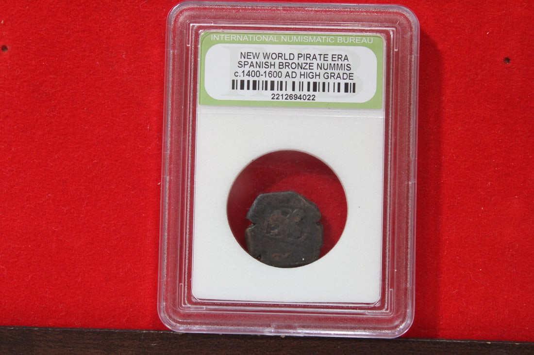 A Slabbed Spanish Bronze Nummis: High Grade - New World Pirate Era - c. 1400-1600 A.D.