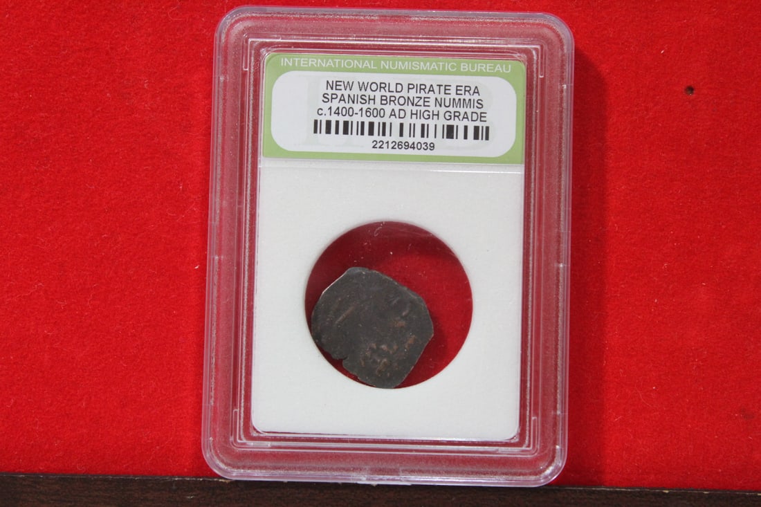 A Slabbed Spanish Bronze Nummis: High Grade - New World Pirate Era - c. 1400-1600 A.D.