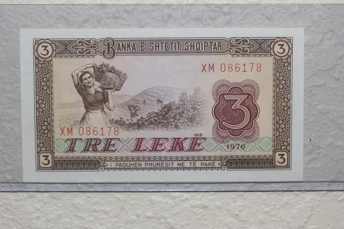 1976 Albanian 3 Leke Bank Note: appears to be uncirculated