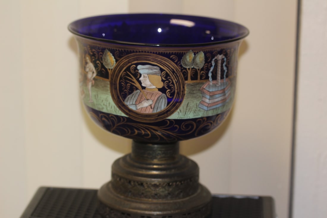 Italian Murano Wedding Compote: important Italian, Venice Murano 19th century art glass Barovier and Tosco cobalt blue hand painted enameled scene wedding compote - 8 1/2" in diameter and 9" tall - an exceptionally beautiful piece