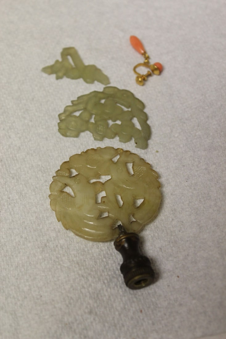 Fragments of Jade - Jade Finial - Coral Earring: Diameter of jade finial not including the metal is 2". Sold as a lot. Circa 19th / 20th century Chinese.
