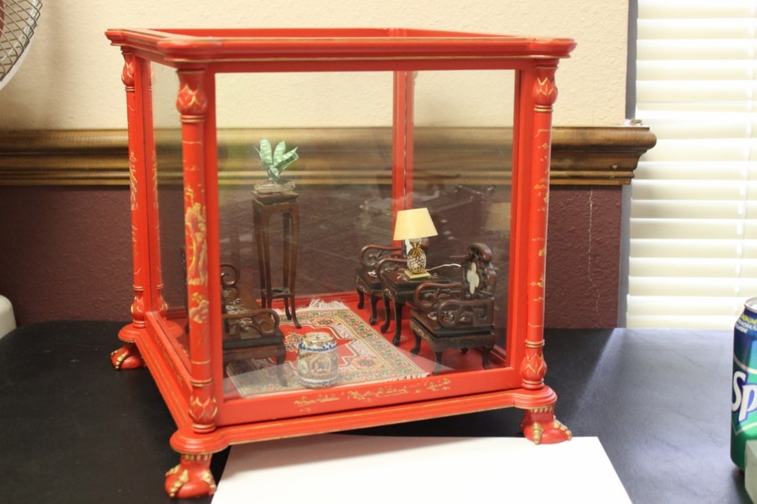 An Enclosed Doll House Oriental Motief Furnitures: 12 1/4" x 12 1/4" - Comes with an electric cord, but do not know if it works or not - NOT recommended to be used with an electric cord