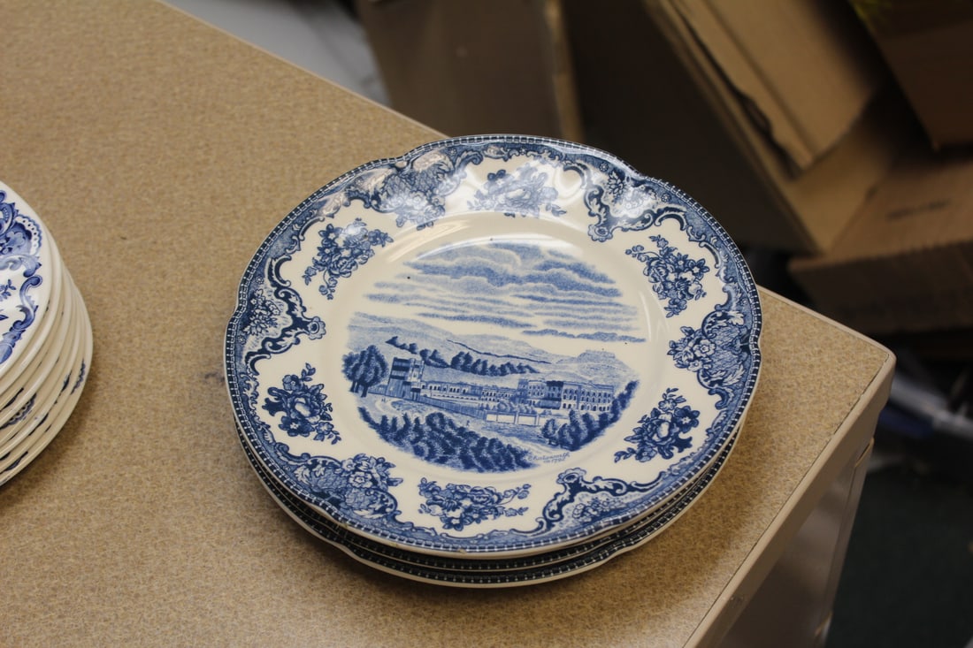 Set of 4 Johnson Brothers Village Scene Plates: blue and white - each= 8" in diameter