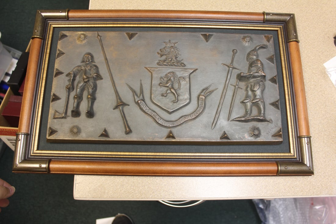 Antique Bronze Plaque: inside a contemporary frame - signed - heavy - overall= 19 1/2" x 12"