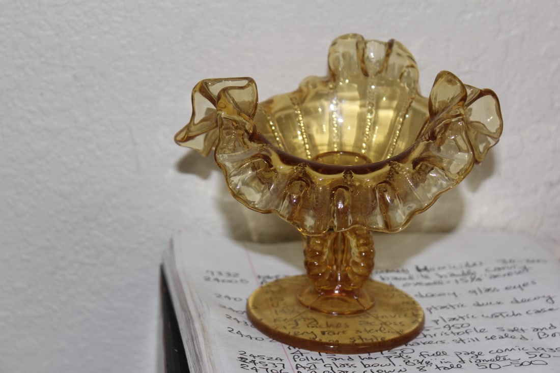 Amber Glass Candle Holder: with foliated rim - 5 inches tall