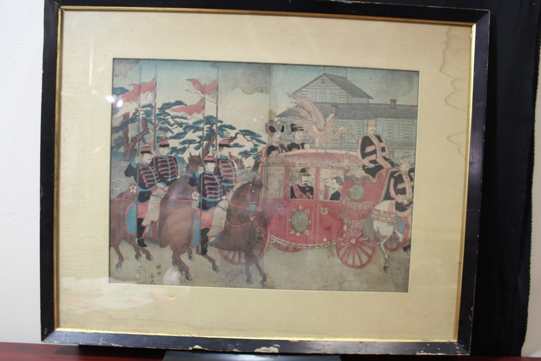 A Japanese Woodblock Print: appears to be 19th century - unusual subject choice- overall= 26 1/4" x 21"