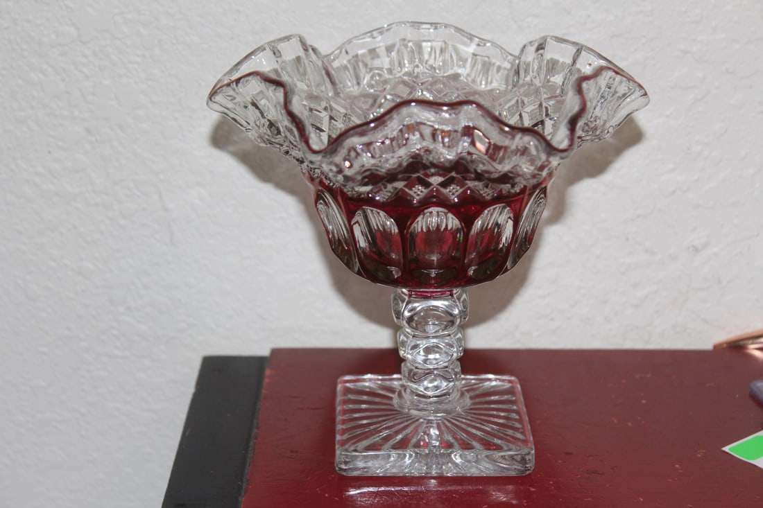 Cranberry Glass Stem Bowl: 6" tall