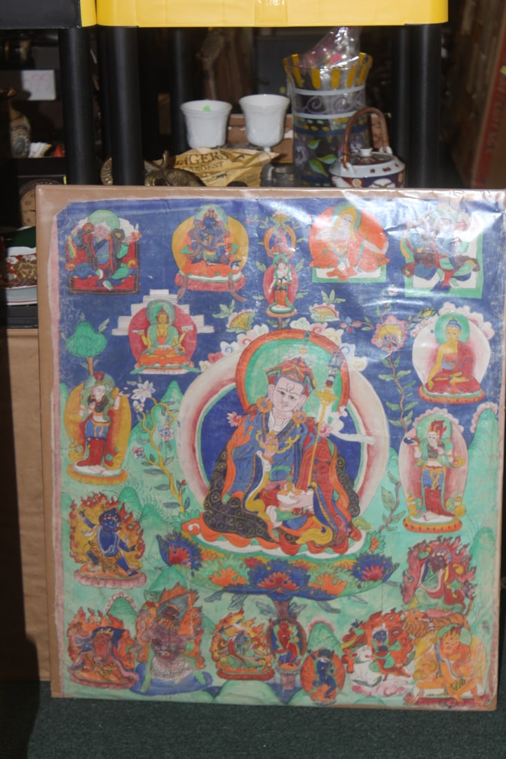 Tibeton Thangka Painting: possibly old - canvas or paper - sight size= 28" x 24" - unframed under plastic