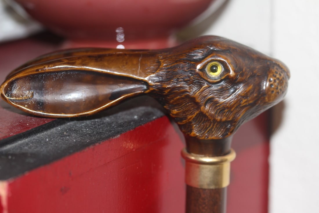 Well Carved Rabbit Head Cane: 36 inches long