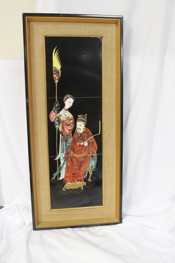 A Chinese Painting on Tiles: Framed - overall= 22 3/4" x 9 1/2"