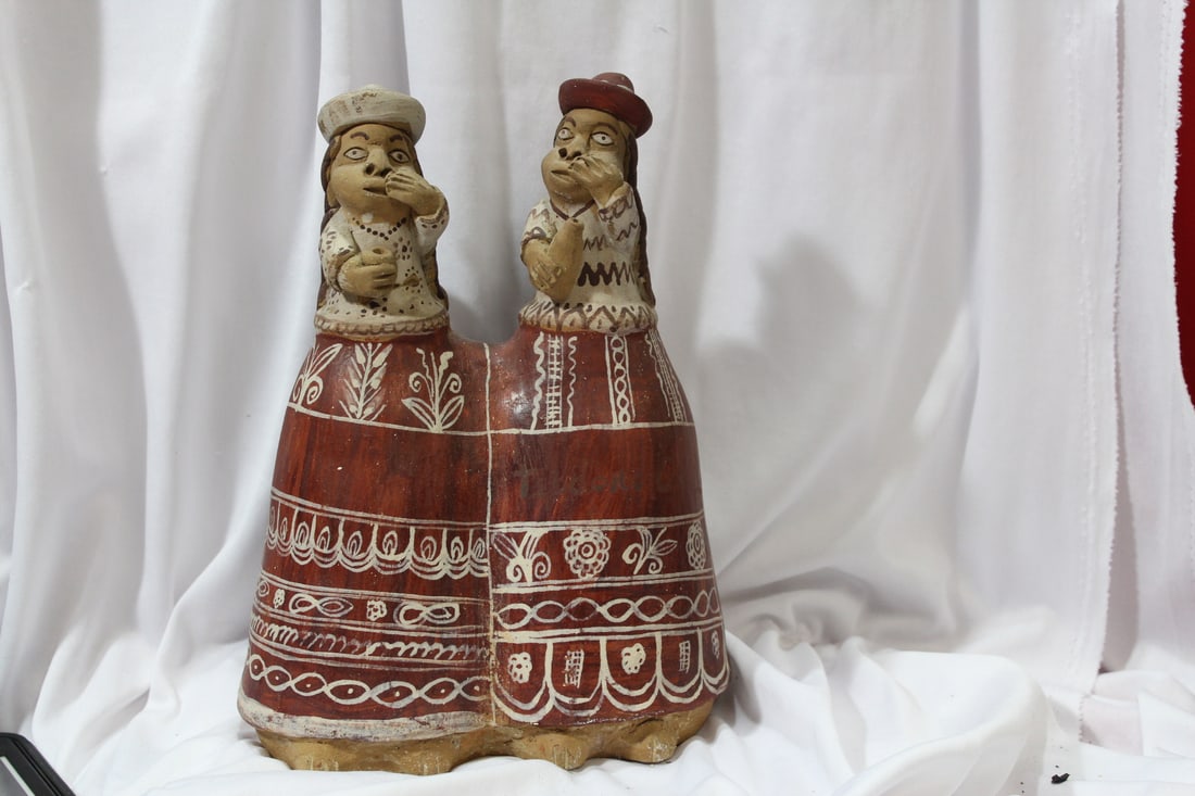 American Red Clay Twin Sisters Figure: please note: restored as shown - 10 1/4" tall