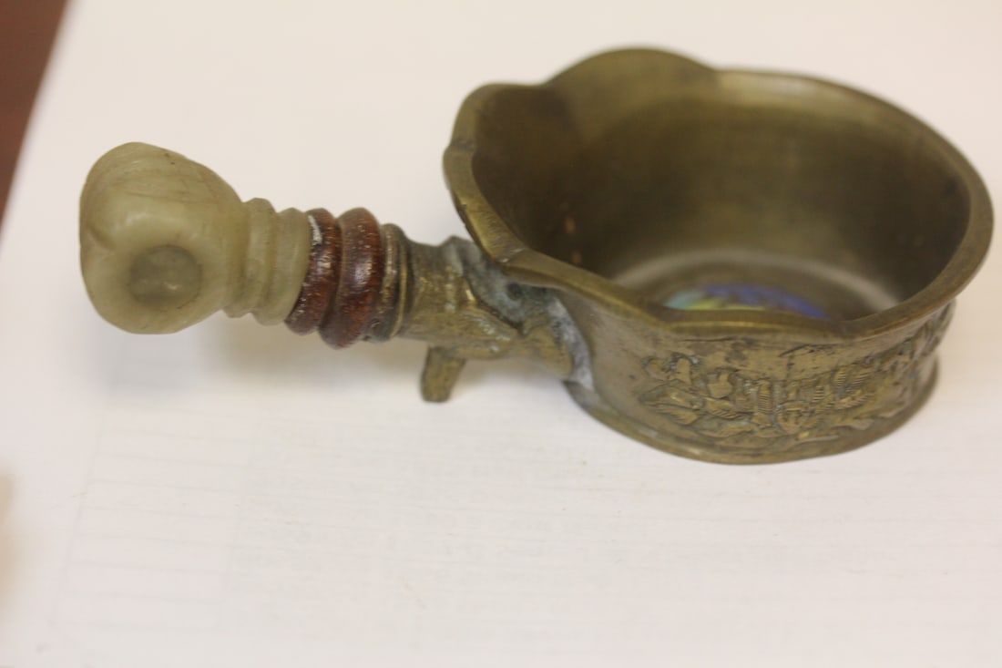 A Chinese Jade Handle Brass Silk iron: 4 1/4" across