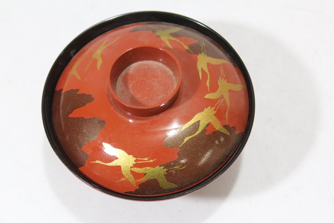 A Japanese Lacquer Style Bowl with Lid: approximately 5 inches in diameter