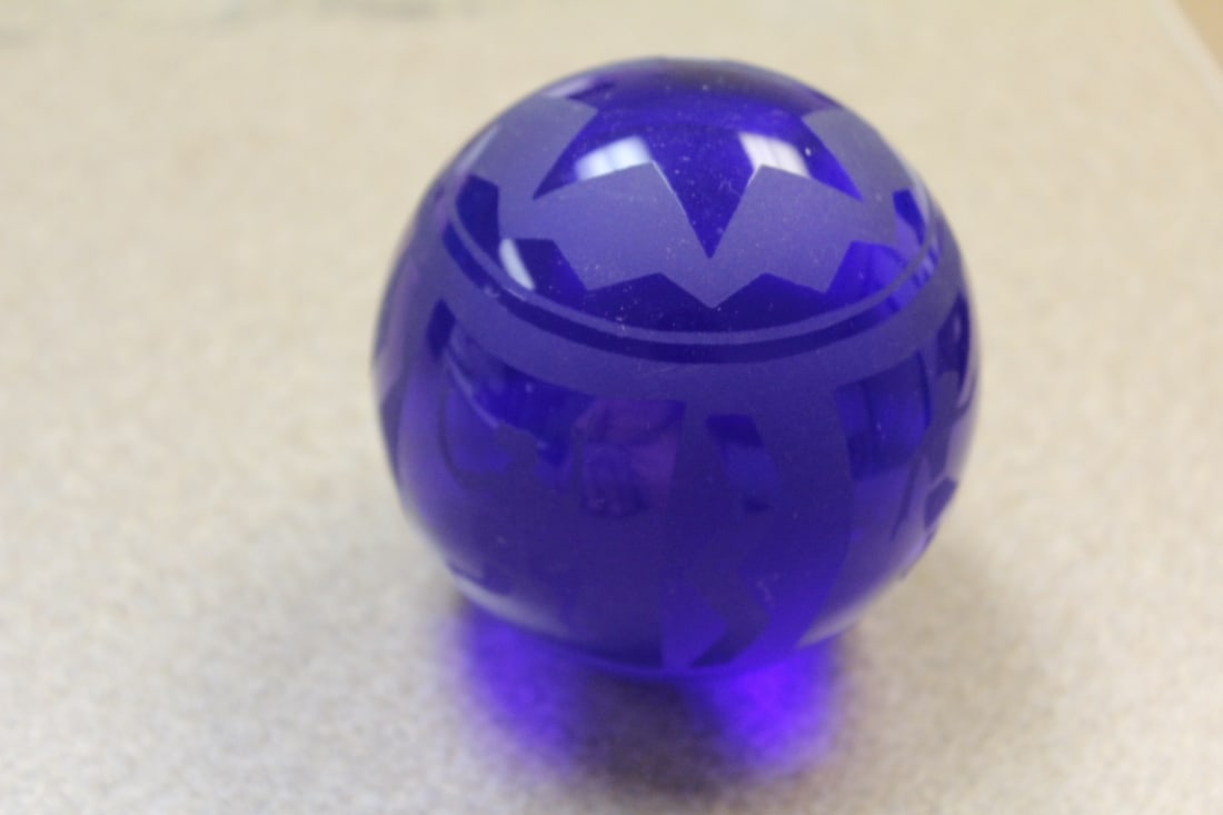 Blue Art Glass Paperweight: etched - 2 3/4" in diameter