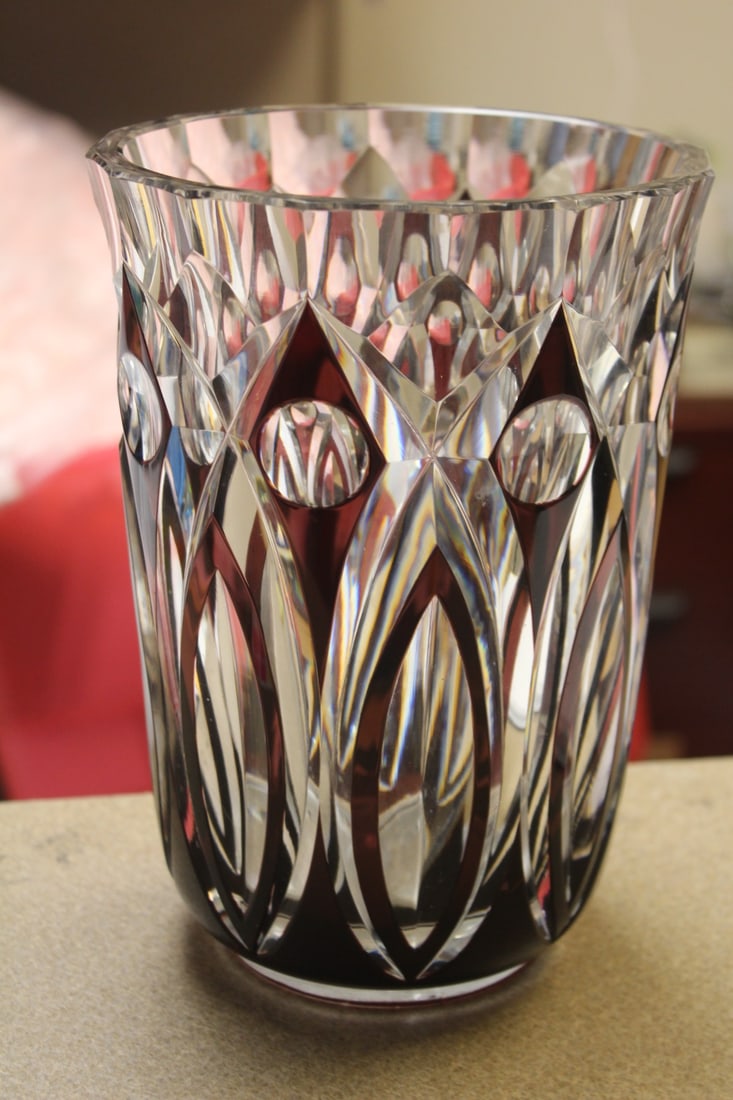 Vintage Cut Glass Vase: heavy - possibly retro period or earlier - beautifully done - 9 inches tall