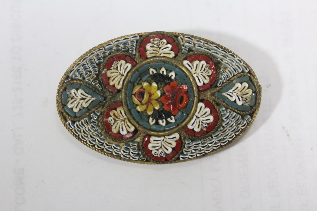 A Rare Design Italian Micro Mosaic Brooch: 2" across