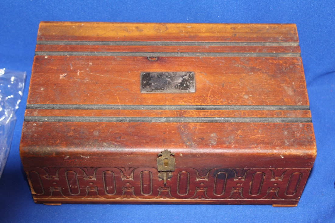 A Cedar Wooden Box: with small contents - 10 3/4" long
