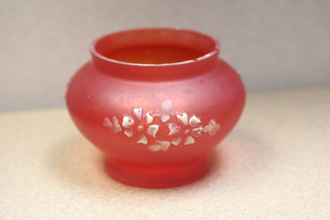 Cranberry Glass Satin Bowl: hand painted - 3" tall