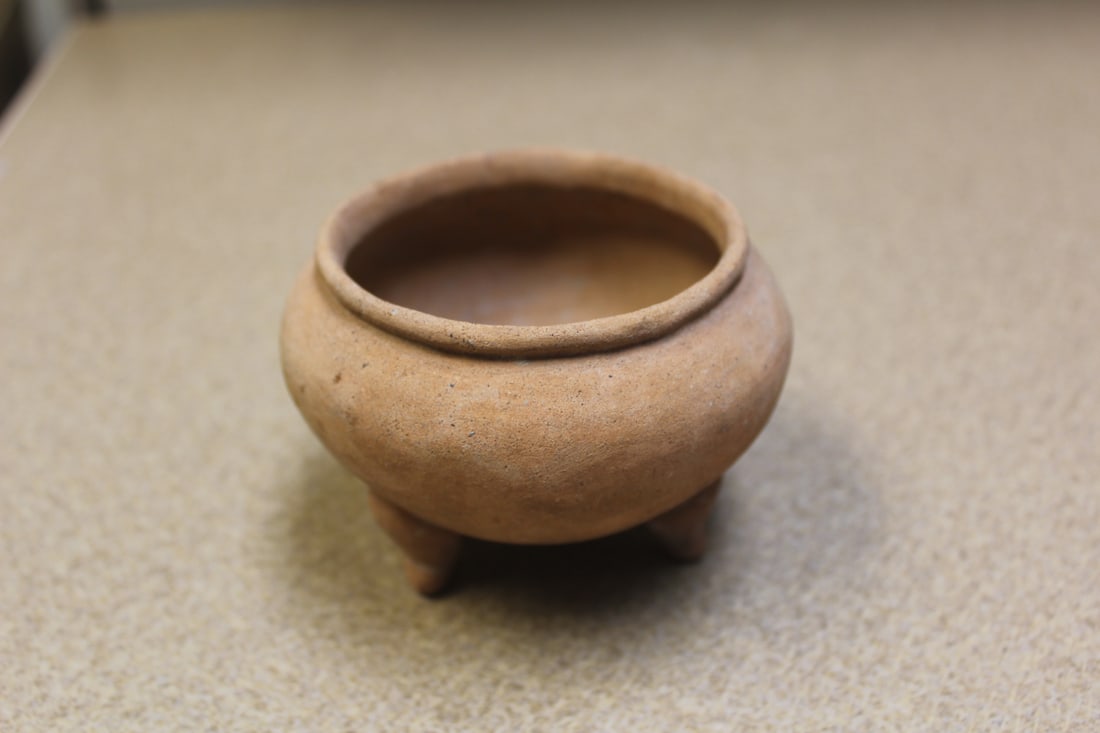 Antique Pre-Columbian Footed Pot: with museum stock number on bottom - please note: one foot restored - 3 inches tall
