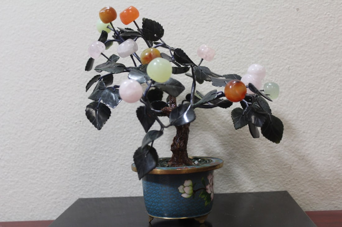 A Jade and Cloisonne, Agate? And Quartz Tree: 9 1/4" tall