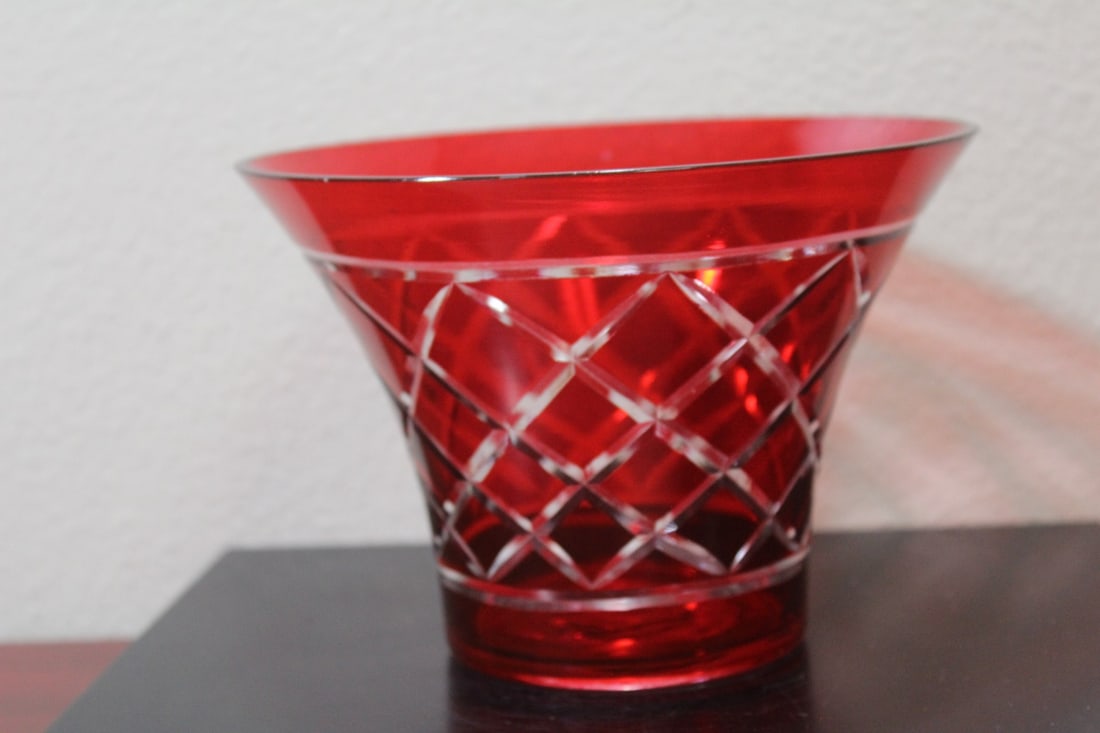 A Ruby Red Cut Glass Bowl: 7 1/8" in diameter by 5" tall