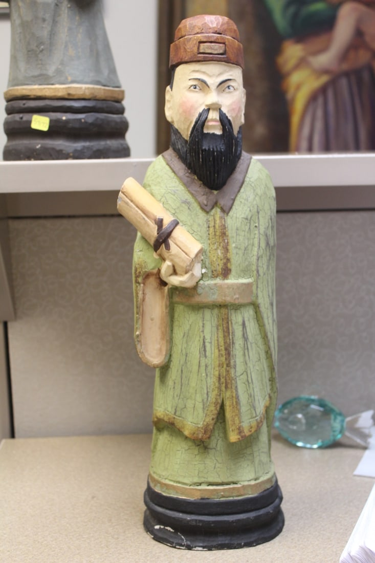 Carved, Signed Wooden Asian Statue: by James Haddon - 17 1/2" tall