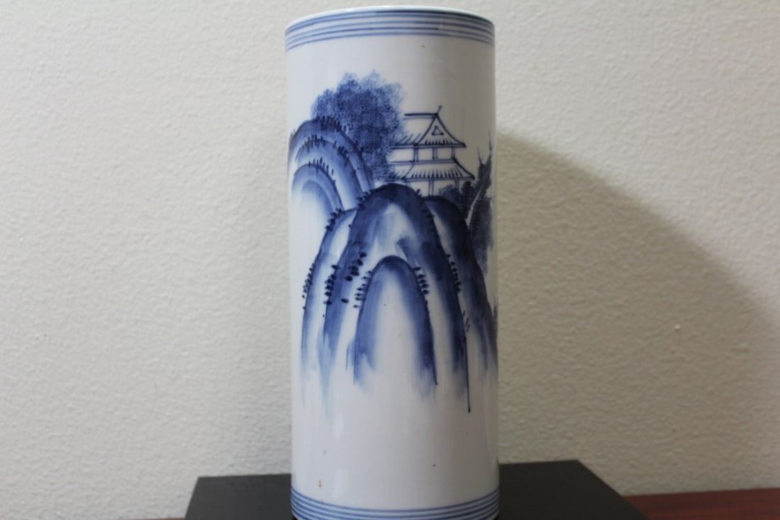 A Chinese Blue and White Brush Pot: most likely republic period - 11 1/4" tall