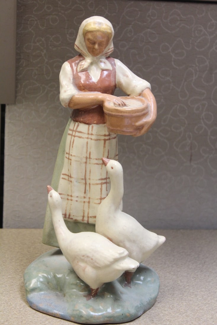 Antique Clay Figurine: please note:paint loss on the top as shown - 10 1/4" tall