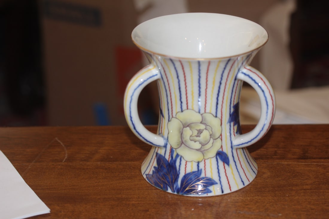 Signed Vintage Japanese 3 Handle Cup: studio porcelain - 5 inches tall