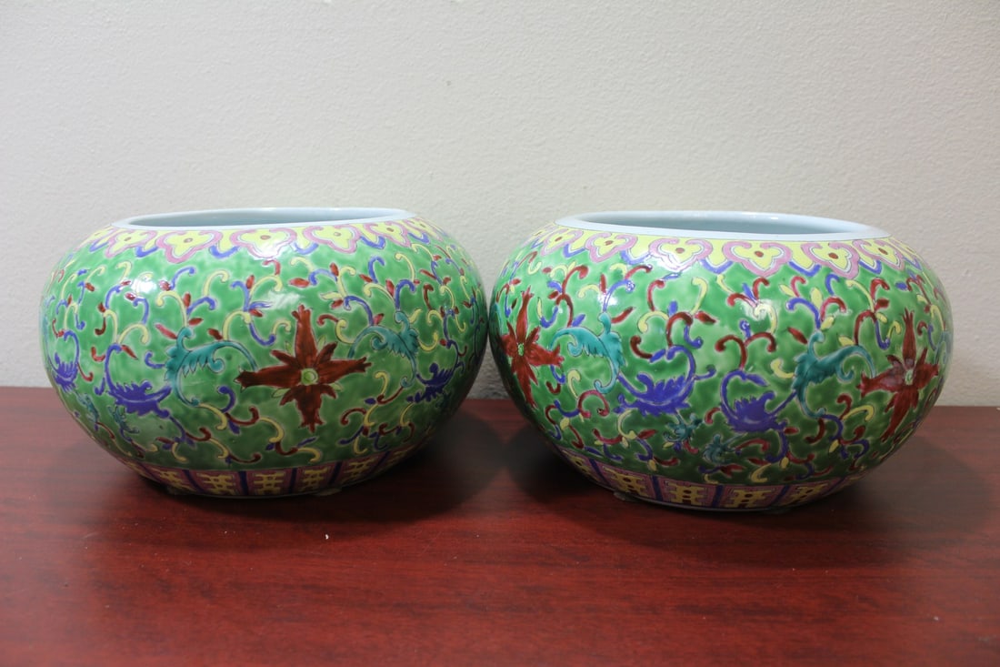 A Pair of Signed Chinese Bowl: 11" across and 6 1/4" tall - impressive