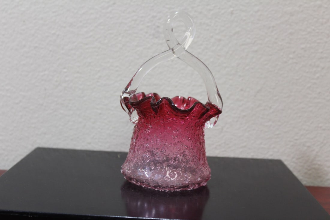 A Cranberry Glass Basket: 6 1/4" tall