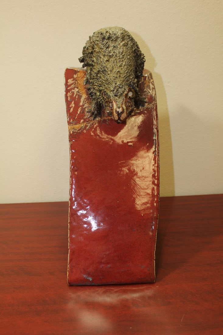 A Raku Pottery Container: signed - 17 inches tall