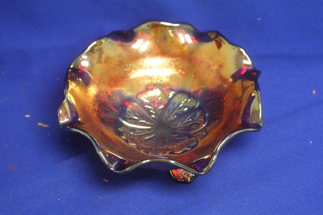 Three Legged Bowl: Imperial glass carnival glass - 7 inches in diameter