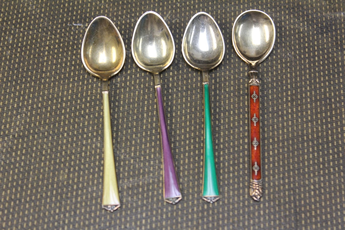 Lot of 4 Enamel Spoons: made in Norway - to include one by Kristian Hestenes - all marked sterling - all approximately 3 3/4" long each