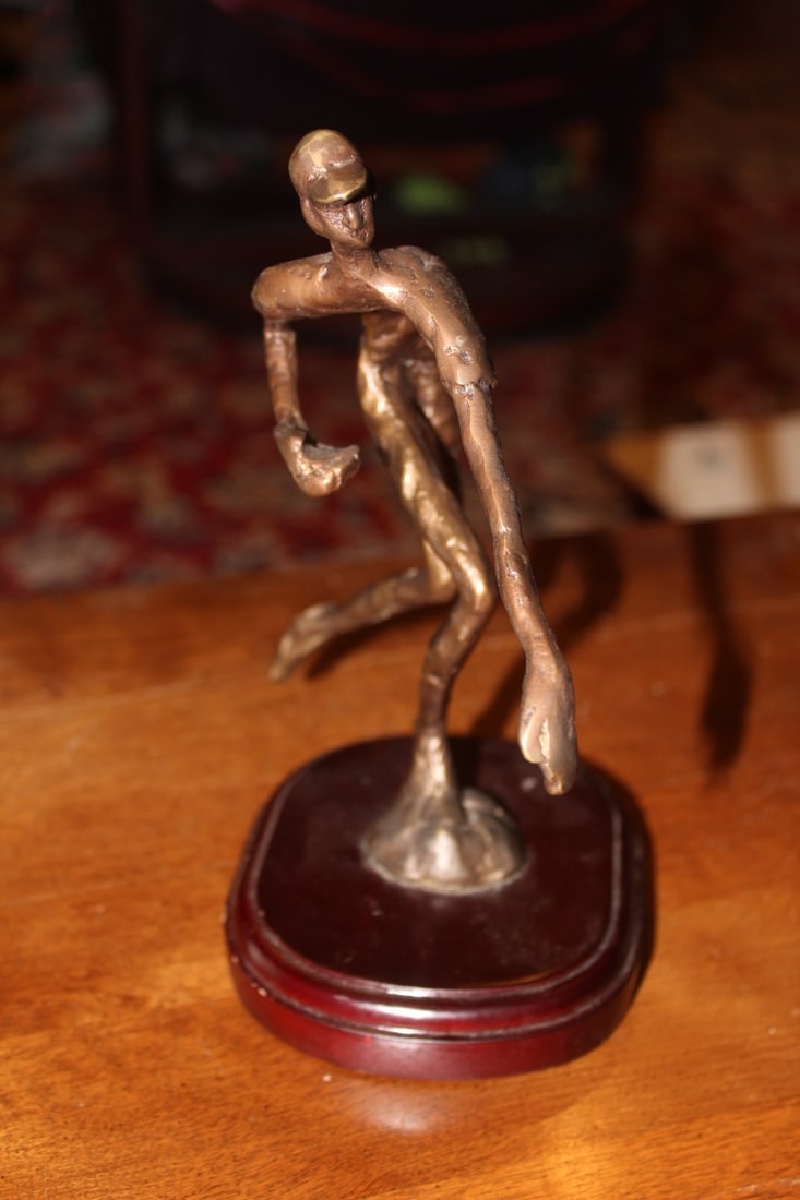Bronze State of a Baseball Pitcher: on wood stand - overall: 8 3/8" tall