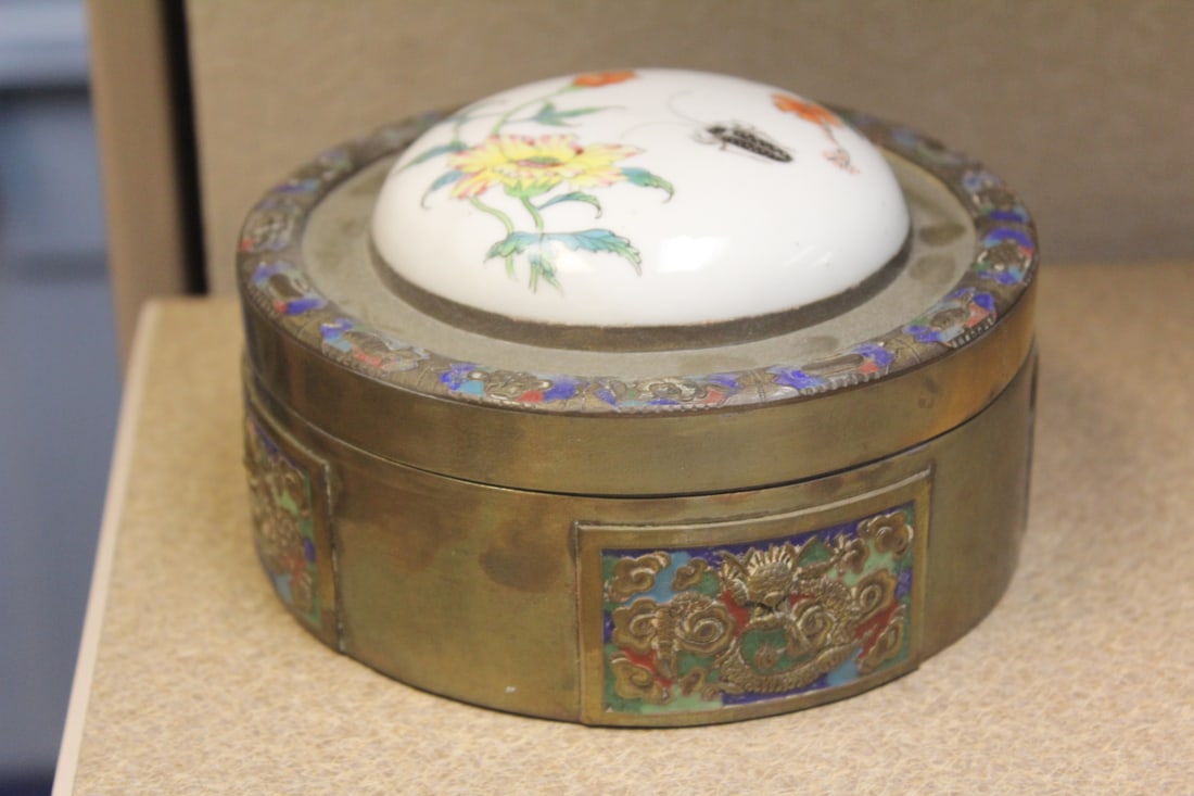 Vintage Chinese Box: enamel and porcelain top box - marked China - 5 1/8" in diameter