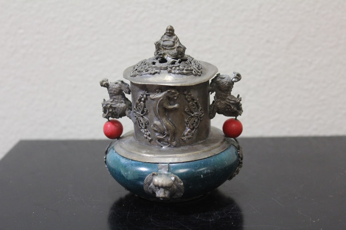 A Chinese Stone and Metal Container: 4 1/4" tall