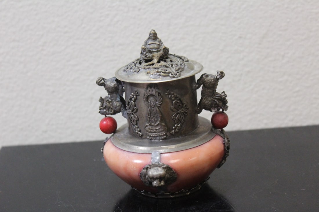 A Chinese Stone and Metal Container: 4 1/4" tall