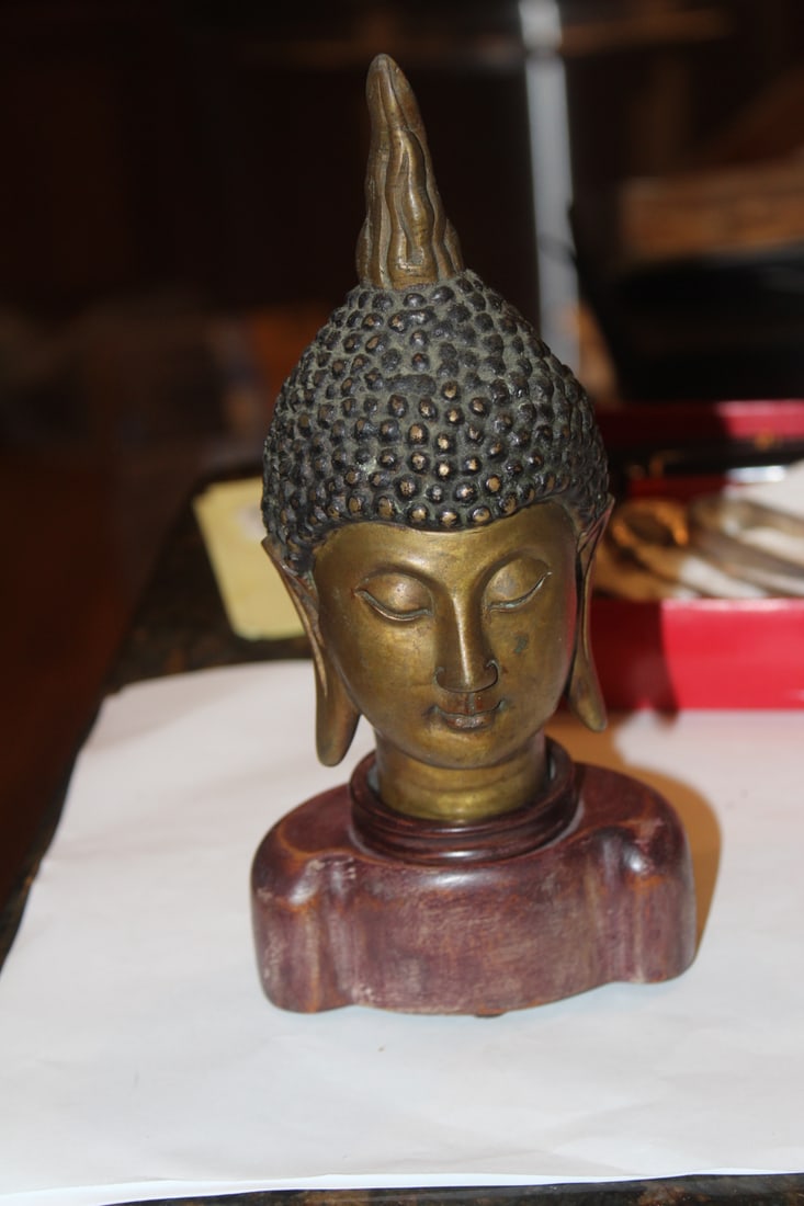 Antique Chinese Bronze Kwan Yin Head: on wooden stand - overall= 8 inches tall