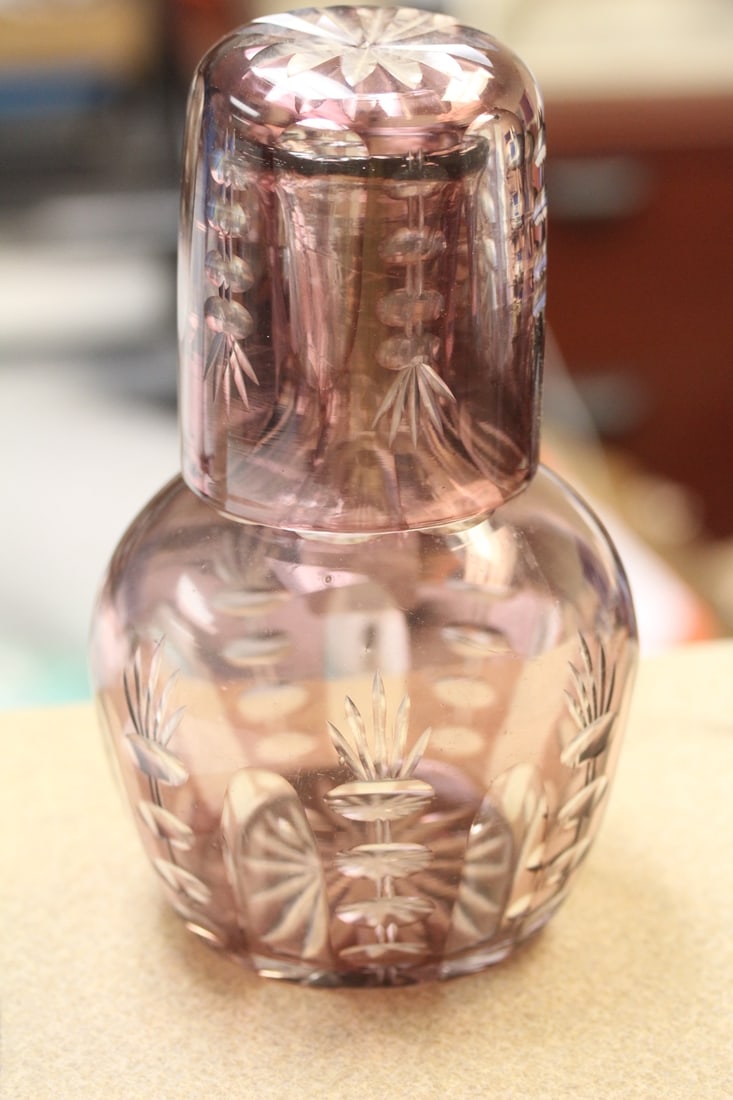 Cut Glass Bottle with Cup: Amethyst Colour - 7 3/8" tall