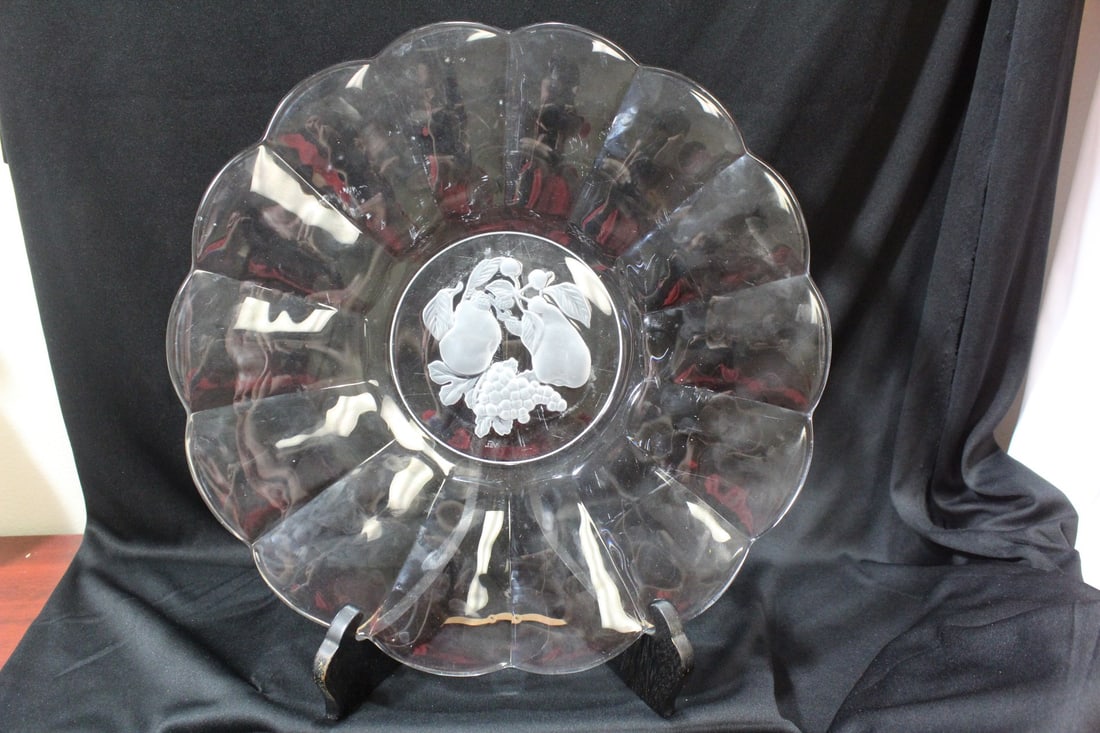 A Glass Fruit Plate: please note: worn - 13" in diameter