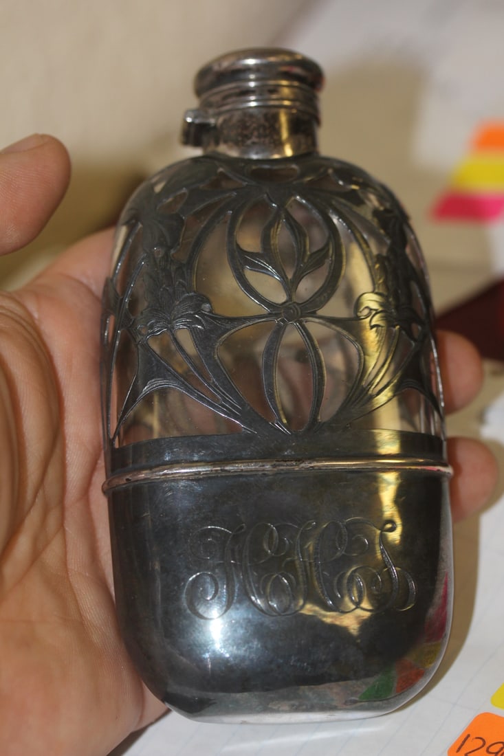 Sterling Silver Overlay and Glass Flask