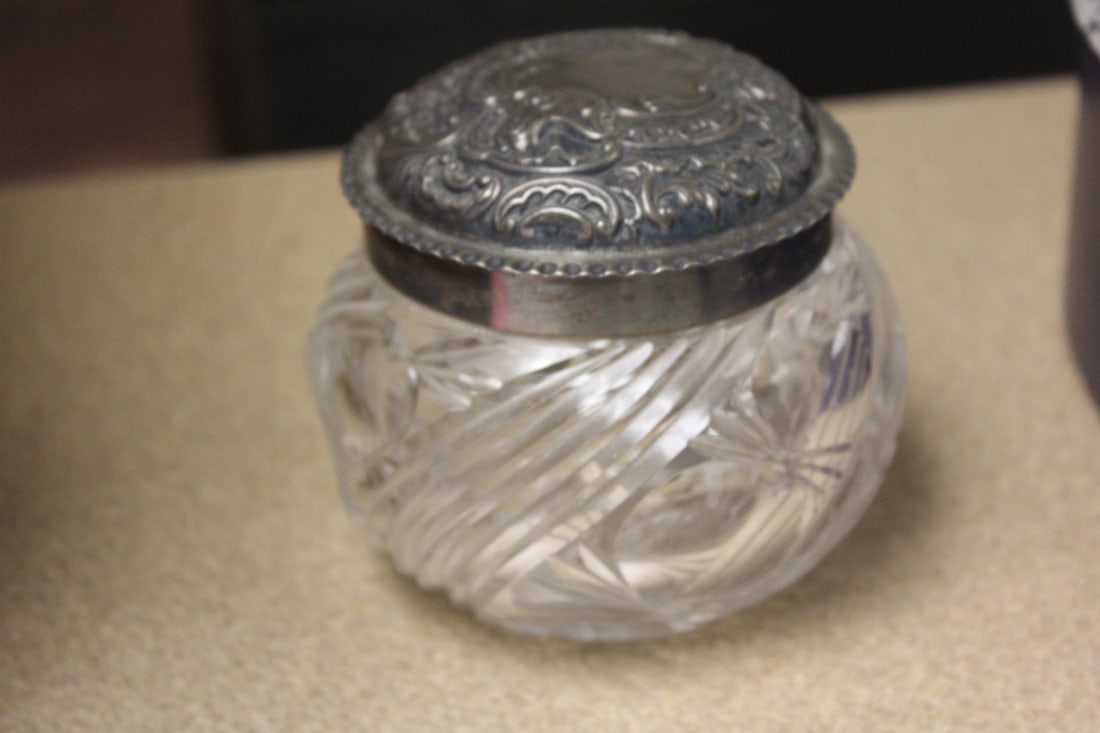 Ornate Sterling Top Glass Container: 3 1/2" tall