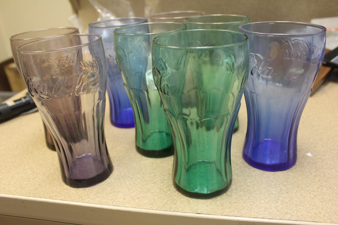 Lot of 8 Coca Cola Glass Tumblers: all different colour - 6" tall each