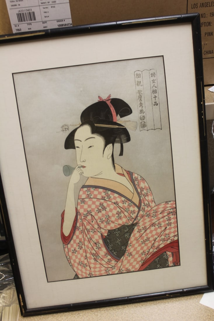 Attribute to Kitagawa Utamaro Woodblock Print: signed or attribute - framed - overall= 19 1/4" x 14 1/4"
