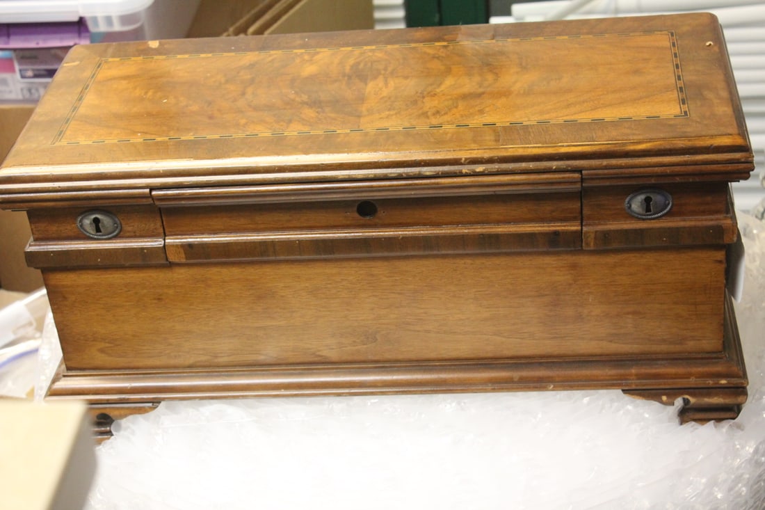 Vintage Inlay Cedar Sewing Box: 23 1/2" across - with sewing items - please note: minor losses, no key